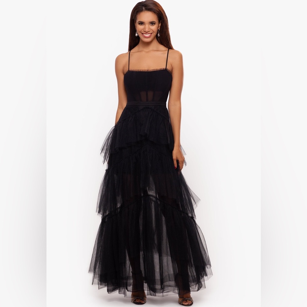 Betsy & Adam "JASMINE" SPAGHETTI STRAP MESH CORSET GOWN